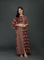 Load image into Gallery viewer, BROWN PRINTED TWO TONE FLARE TOP PAIRED WITH LONG SKIRT WITH SLIT
