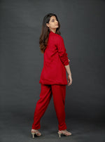 Load image into Gallery viewer, RED LONG JACKET WITH HALTER VEST COAT AND EPAULETTE BUTTONED HEM PANT
