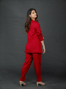 RED LONG JACKET WITH HALTER VEST COAT AND EPAULETTE BUTTONED HEM PANT