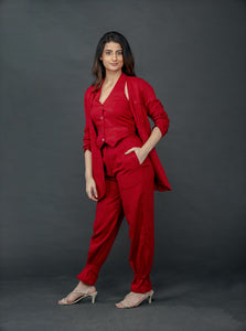 RED LONG JACKET WITH HALTER VEST COAT AND EPAULETTE BUTTONED HEM PANT