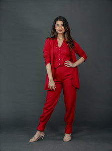 RED LONG JACKET WITH HALTER VEST COAT AND EPAULETTE BUTTONED HEM PANT