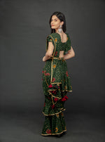 Load image into Gallery viewer, GREEN GOLD FOIL LAYERED SKIRT SAREE WITH BLOUSE &amp; WAIST BELT
