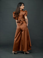 Load image into Gallery viewer, CHOCOLATE BROWN PUFFED SLEEVES TOP WITH TIE UP DETAIL PAIRED WITH FLARED PANTS

