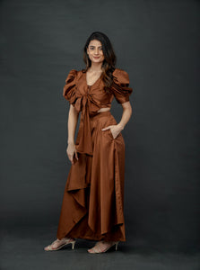 CHOCOLATE BROWN PUFFED SLEEVES TOP WITH TIE UP DETAIL PAIRED WITH FLARED PANTS