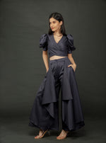 Load image into Gallery viewer, VICTORY BLUE PUFFED SLEEVES TOP WITH TIE UP DETAIL PAIRED WITH FLARED PANTS
