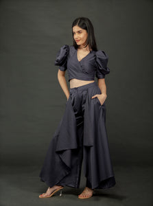 VICTORY BLUE PUFFED SLEEVES TOP WITH TIE UP DETAIL PAIRED WITH FLARED PANTS