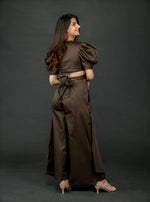 Load image into Gallery viewer, OLIVE GREEN PUFFED SLEEVES TOP WITH TIE UP DETAIL PAIRED WITH FLARED PANTS
