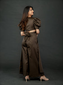 OLIVE GREEN PUFFED SLEEVES TOP WITH TIE UP DETAIL PAIRED WITH FLARED PANTS