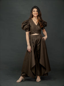 OLIVE GREEN PUFFED SLEEVES TOP WITH TIE UP DETAIL PAIRED WITH FLARED PANTS