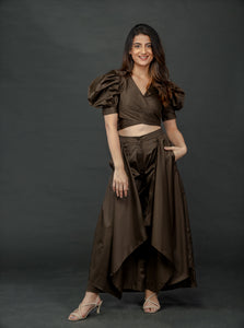 OLIVE GREEN PUFFED SLEEVES TOP WITH TIE UP DETAIL PAIRED WITH FLARED PANTS