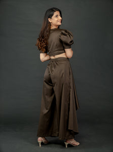 OLIVE GREEN PUFFED SLEEVES TOP WITH TIE UP DETAIL PAIRED WITH FLARED PANTS