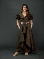 Load image into Gallery viewer, OLIVE GREEN PUFFED SLEEVES TOP WITH TIE UP DETAIL PAIRED WITH FLARED PANTS
