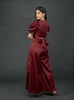 Load image into Gallery viewer, MAROON PUFFED SLEEVES TOP WITH TIE UP DETAIL PAIRED WITH FLARED PANTS
