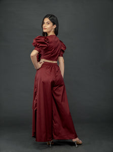 MAROON PUFFED SLEEVES TOP WITH TIE UP DETAIL PAIRED WITH FLARED PANTS