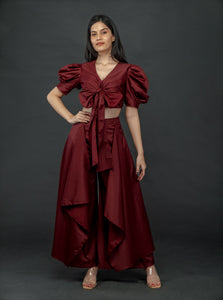 MAROON PUFFED SLEEVES TOP WITH TIE UP DETAIL PAIRED WITH FLARED PANTS