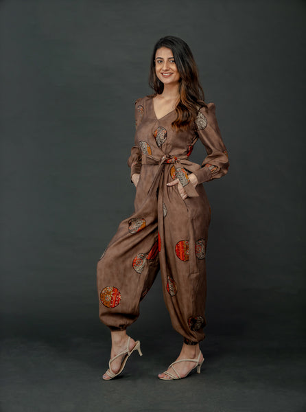 BROWN GOLD FOIL OVERLAY JUMPSUIT WITH CUFFED SLEEVE