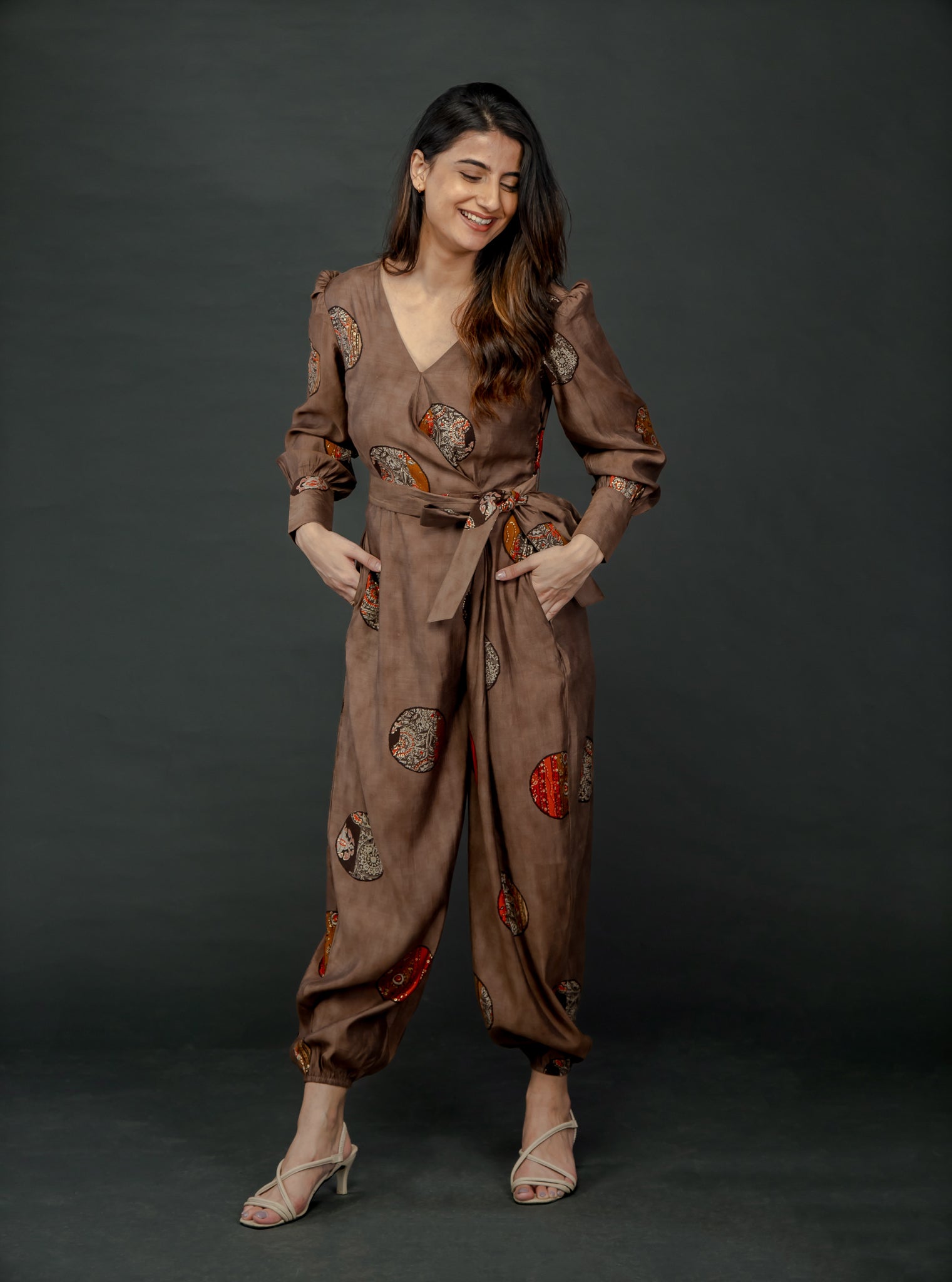 BROWN GOLD FOIL OVERLAY JUMPSUIT WITH CUFFED SLEEVE