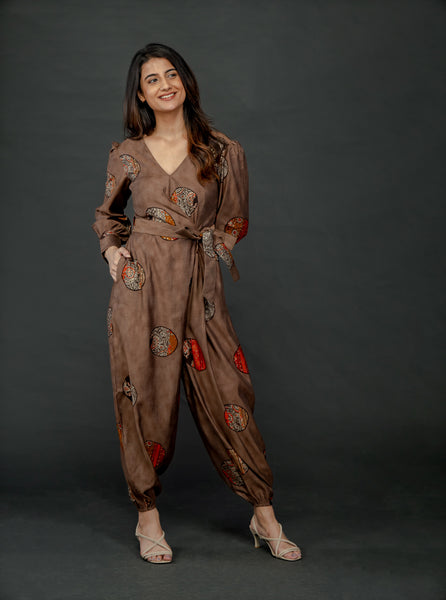 BROWN GOLD FOIL OVERLAY JUMPSUIT WITH CUFFED SLEEVE