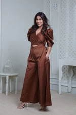 Load image into Gallery viewer, CHOCOLATE BROWN FRONT TIE UP AND PUFFED SHORT SLEEVED JUMPSUIT

