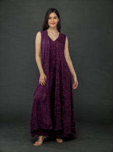 PURPLE WAVE PRINT LONG FLARED JACKET AND JUMPSUIT SET