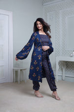 Load image into Gallery viewer, NAVY PRINT JACKET WITH STRIPE TEXTURED SPAGHETTI BUSTIER AND HAREM PANTS
