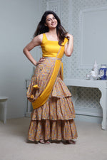 Load image into Gallery viewer, MUSTARD FLORAL PRINT ONE-PIECE SAREE DRESS WITH ATTACHED DRAPE &amp; WAIST BELT
