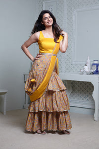MUSTARD FLORAL PRINT ONE-PIECE SAREE DRESS WITH ATTACHED DRAPE & WAIST BELT