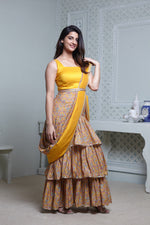 Load image into Gallery viewer, MUSTARD FLORAL PRINT ONE-PIECE SAREE DRESS WITH ATTACHED DRAPE &amp; WAIST BELT
