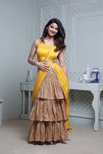 Load image into Gallery viewer, MUSTARD FLORAL PRINT ONE-PIECE SAREE DRESS WITH ATTACHED DRAPE &amp; WAIST BELT
