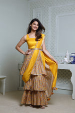 Load image into Gallery viewer, MUSTARD FLORAL PRINT ONE-PIECE SAREE DRESS WITH ATTACHED DRAPE &amp; WAIST BELT
