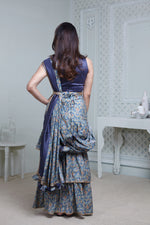 Load image into Gallery viewer, BLUE FLORAL PRINT ONE-PIECE SAREE DRESS WITH ATTACHED DRAPE &amp; WAIST BELT
