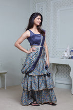 Load image into Gallery viewer, BLUE FLORAL PRINT ONE-PIECE SAREE DRESS WITH ATTACHED DRAPE &amp; WAIST BELT

