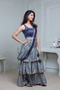 BLUE FLORAL PRINT ONE-PIECE SAREE DRESS WITH ATTACHED DRAPE & WAIST BELT