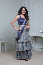 Load image into Gallery viewer, BLUE FLORAL PRINT ONE-PIECE SAREE DRESS WITH ATTACHED DRAPE &amp; WAIST BELT
