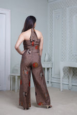 Load image into Gallery viewer, BROWN PRINTED HALTER NECK FLARED JUMPSUIT
