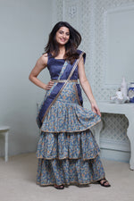 Load image into Gallery viewer, BLUE FLORAL PRINT ONE-PIECE SAREE DRESS WITH ATTACHED DRAPE &amp; WAIST BELT
