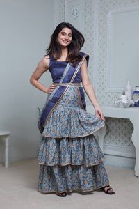 BLUE FLORAL PRINT ONE-PIECE SAREE DRESS WITH ATTACHED DRAPE & WAIST BELT