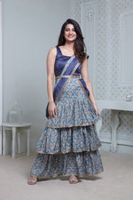 Load image into Gallery viewer, BLUE FLORAL PRINT ONE-PIECE SAREE DRESS WITH ATTACHED DRAPE &amp; WAIST BELT
