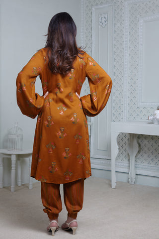 Mustard Printed jacket with Textured Spaghetti Bustier and Harem Pants