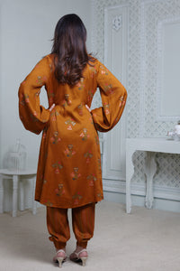 MUSTARD PRINT JACKET WITH STRIPE TEXTURED SPAGHETTI BUSTIER AND HAREM PANTS