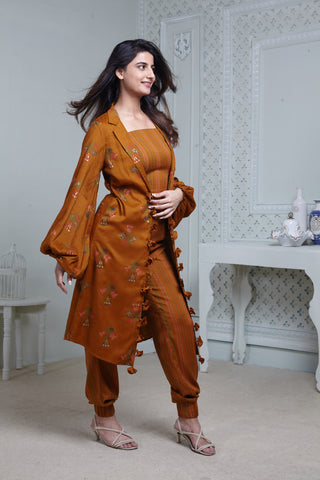 Mustard Printed jacket with Textured Spaghetti Bustier and Harem Pants