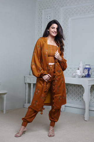 Mustard Printed jacket with Textured Spaghetti Bustier and Harem Pants