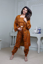 Load image into Gallery viewer, MUSTARD PRINT JACKET WITH STRIPE TEXTURED SPAGHETTI BUSTIER AND HAREM PANTS
