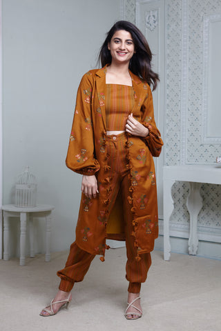 Mustard Printed jacket with Textured Spaghetti Bustier and Harem Pants