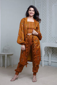 MUSTARD PRINT JACKET WITH STRIPE TEXTURED SPAGHETTI BUSTIER AND HAREM PANTS
