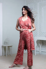 Load image into Gallery viewer, RED ZIGZAG SLEEVELESS LONG JACKET, HIPSTER PANT WITH BUSTIER
