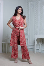 Load image into Gallery viewer, RED ZIGZAG SLEEVELESS LONG JACKET, HIPSTER PANT WITH BUSTIER

