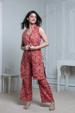 Load image into Gallery viewer, RED ZIGZAG SLEEVELESS LONG JACKET, HIPSTER PANT WITH BUSTIER
