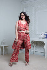 Load image into Gallery viewer, RED ZIGZAG SLEEVELESS LONG JACKET, HIPSTER PANT WITH BUSTIER
