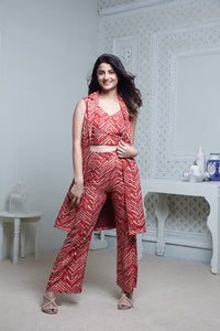 RED ZIGZAG SLEEVELESS LONG JACKET, HIPSTER PANT WITH BUSTIER